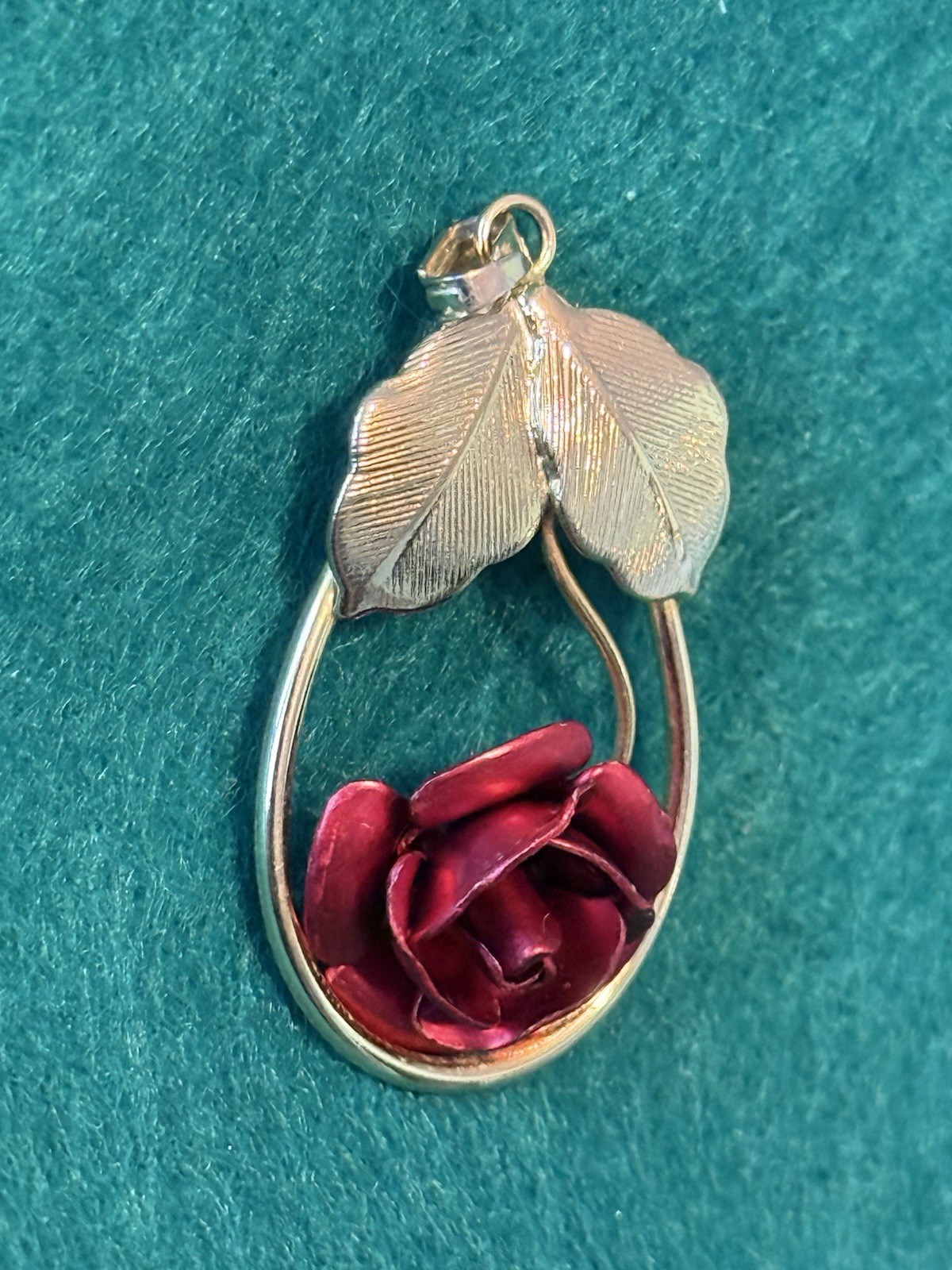 Vintage Gold Tone Teardrop Red Rose & Leaf Charm Pendant, Metal, Red, No Stone
