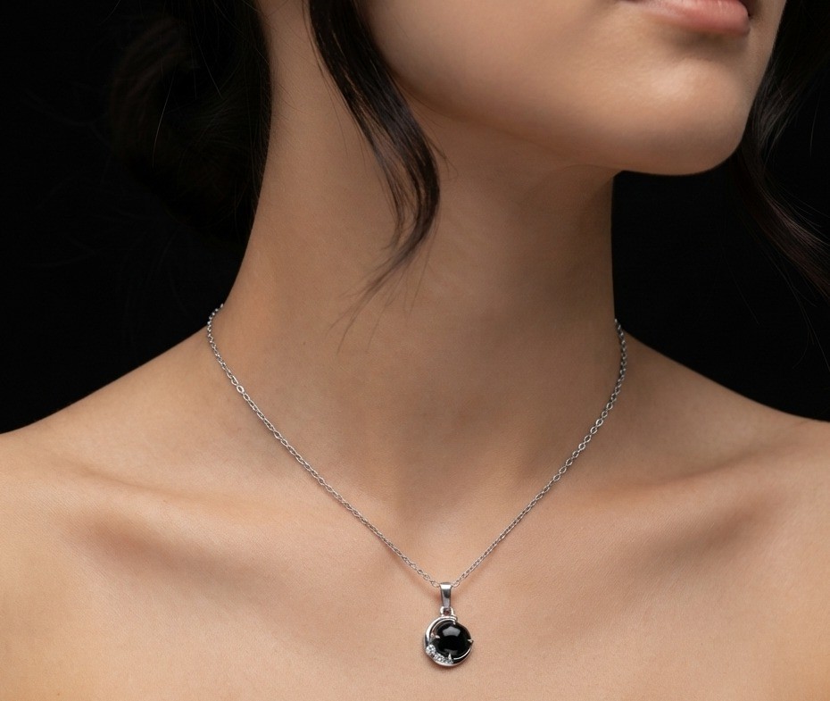 Sterling Silver Black Onyx Crescent Moon Pendant Necklace, Handcrafted Celestial