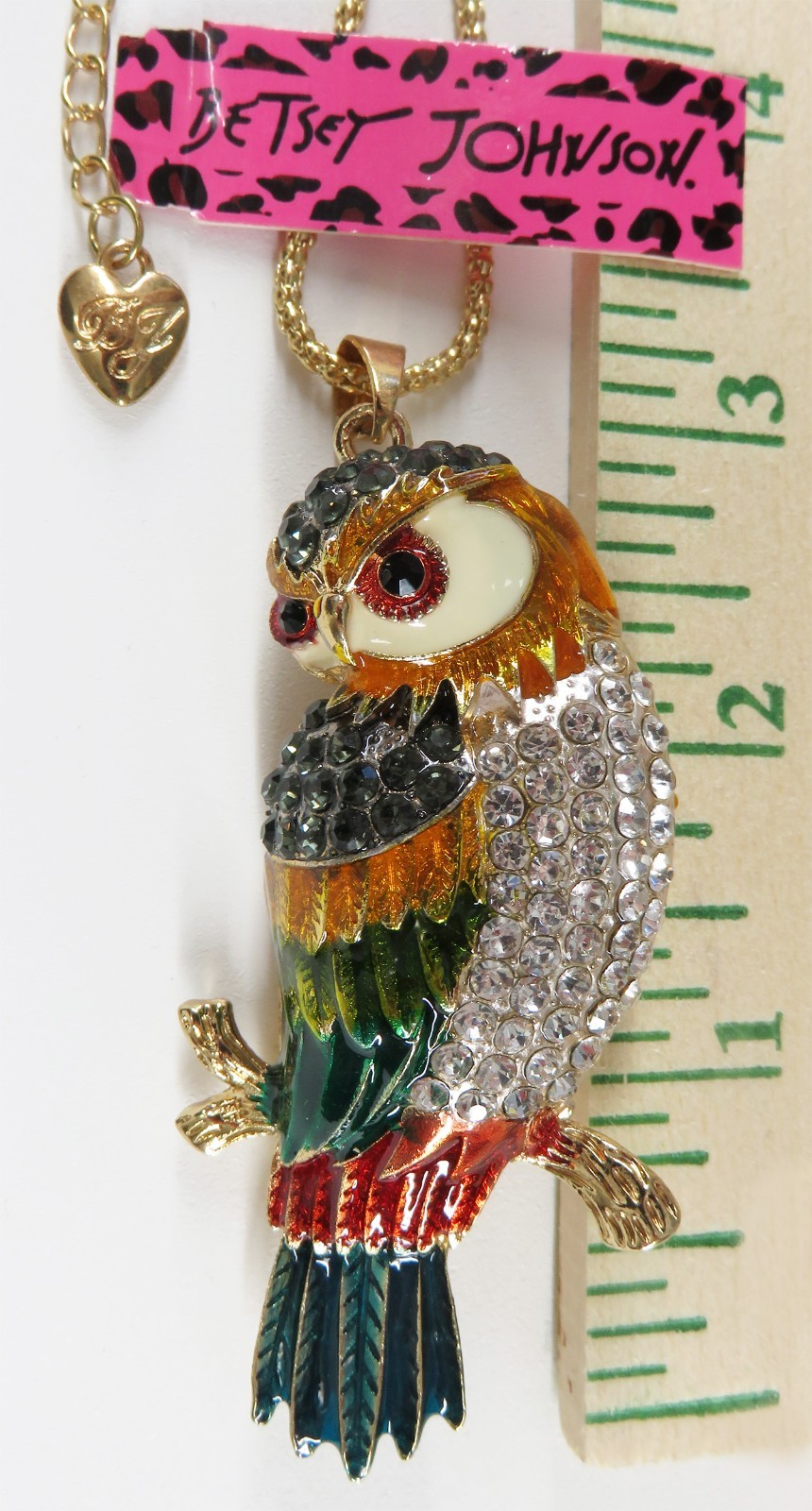 NWT- Betsey Johnson Multi-Color Enamel Perched Owl Pendant on Goldtone Necklace
