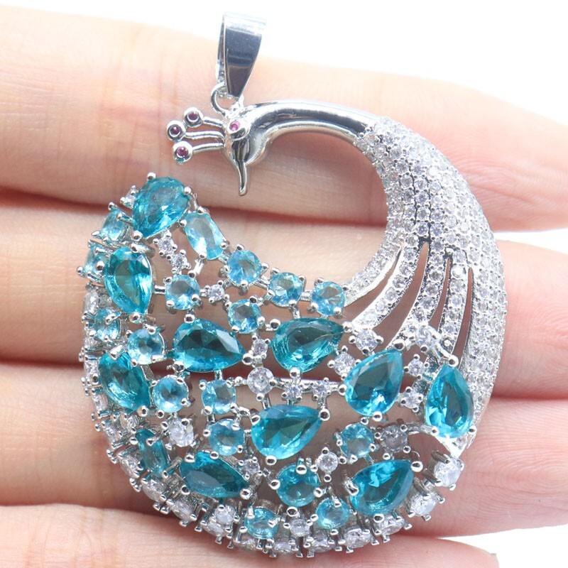 Multi Color Peacock Big Tourmaline Citrine Blue Topaz Kunzite CZ Silver Pendant