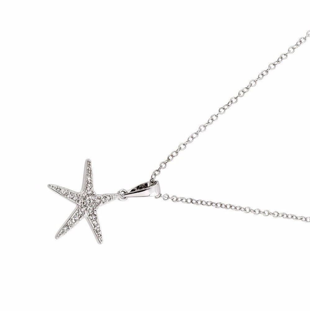 STAR FISH NECKLACE PENDANT W/ LAB DIAMONDS /925 STERLING SILVER / 18”