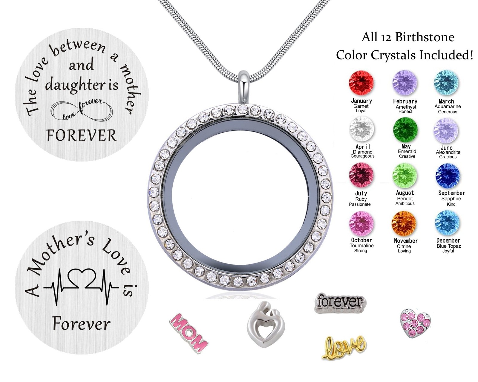 Mom Love Gift, Mother Memory Floating Locket with Birthstones Charm