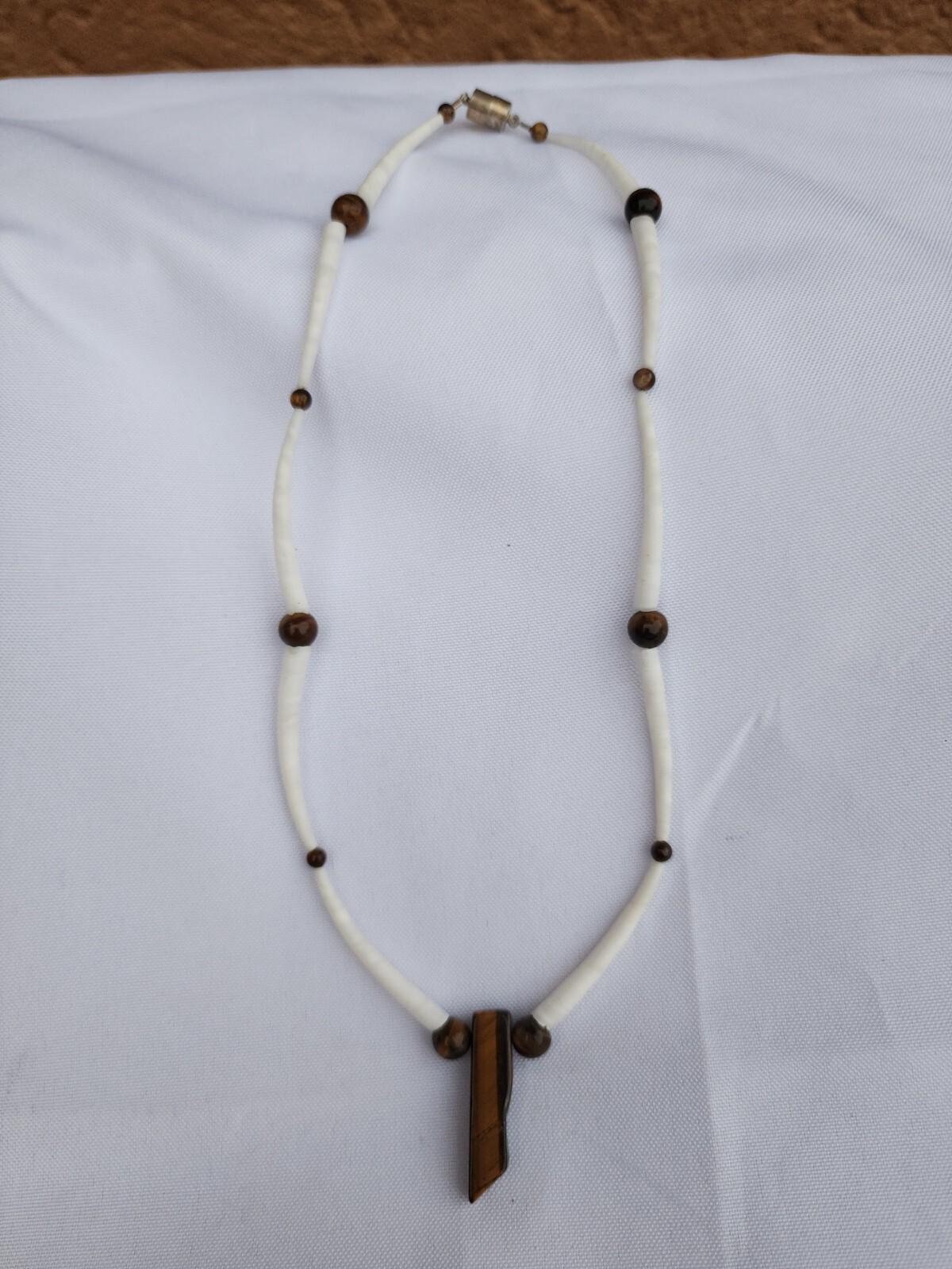 Tiger Eye Amulet Pendant On White Horn Shell Link Unisex Adults Surfers Necklace