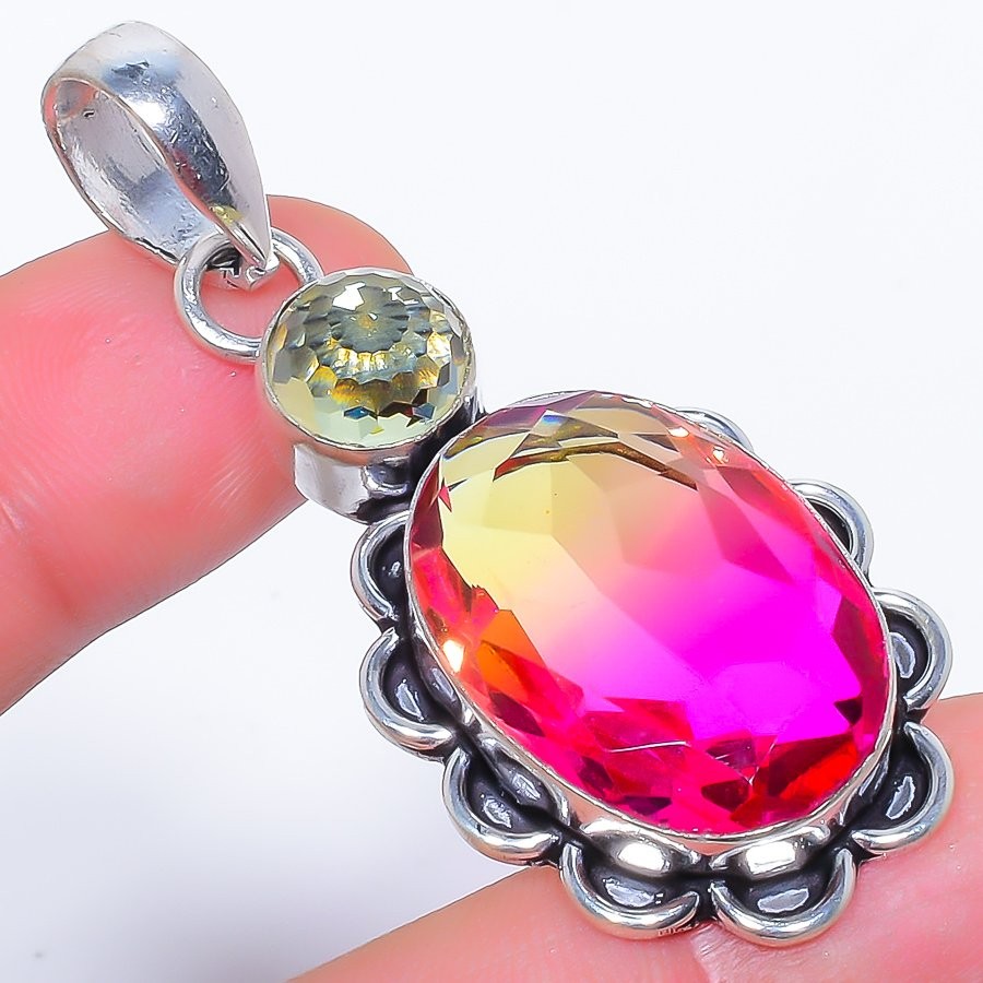 Bi-Color Tourmaline & Smokey Quartz Gemstone 925 Silver Plated Pendant 2.2″ LP-6