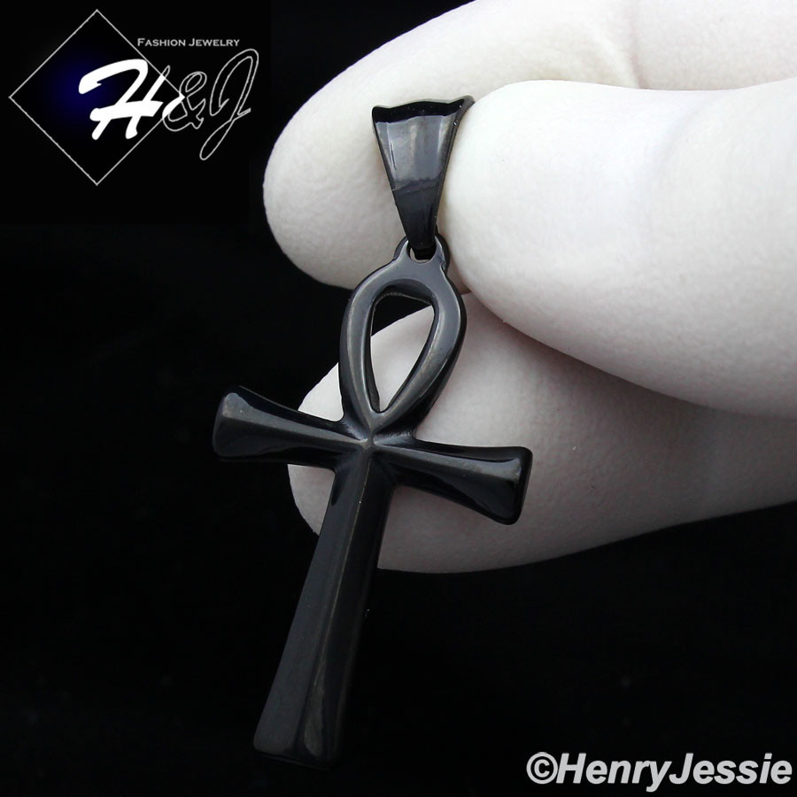 16-30″MEN Stainless Steel 2mm Black Plated Box Chain Ankh Key Cross Pendant*B112