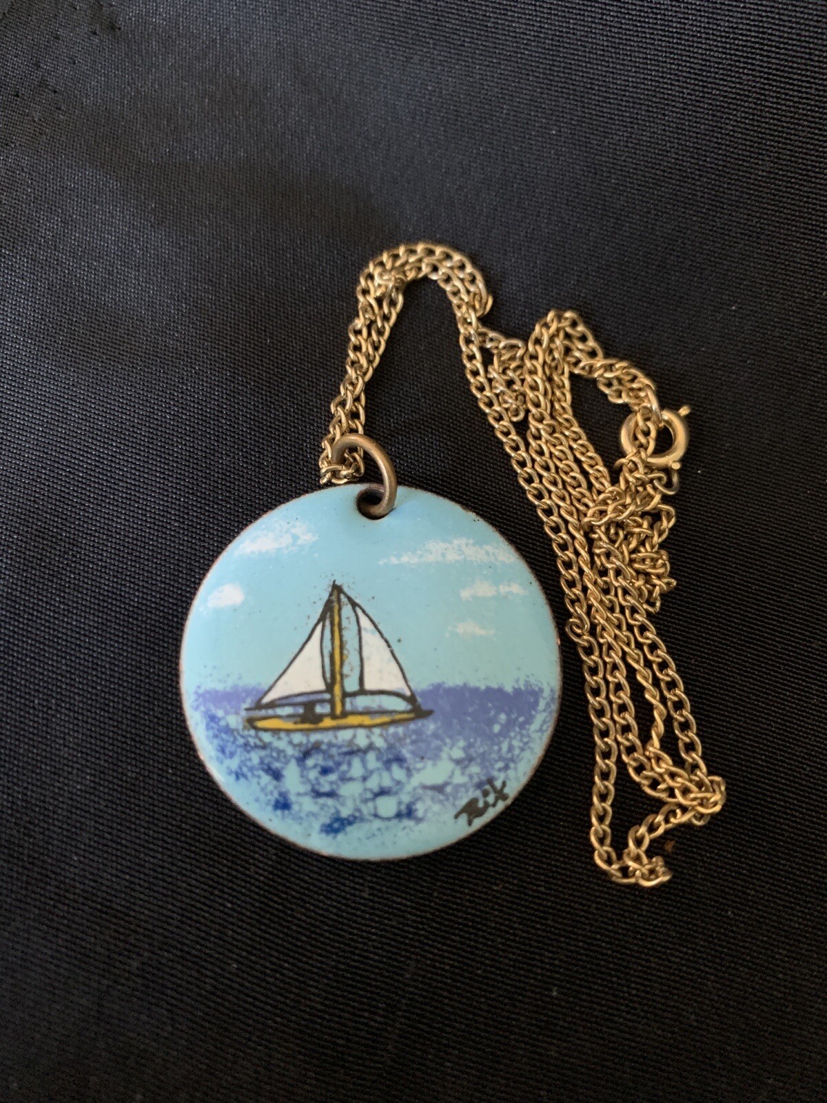 Vintage Great Britain 1964 Penny Pendant With Sailboat Enamel Art Signed 1 1/4″