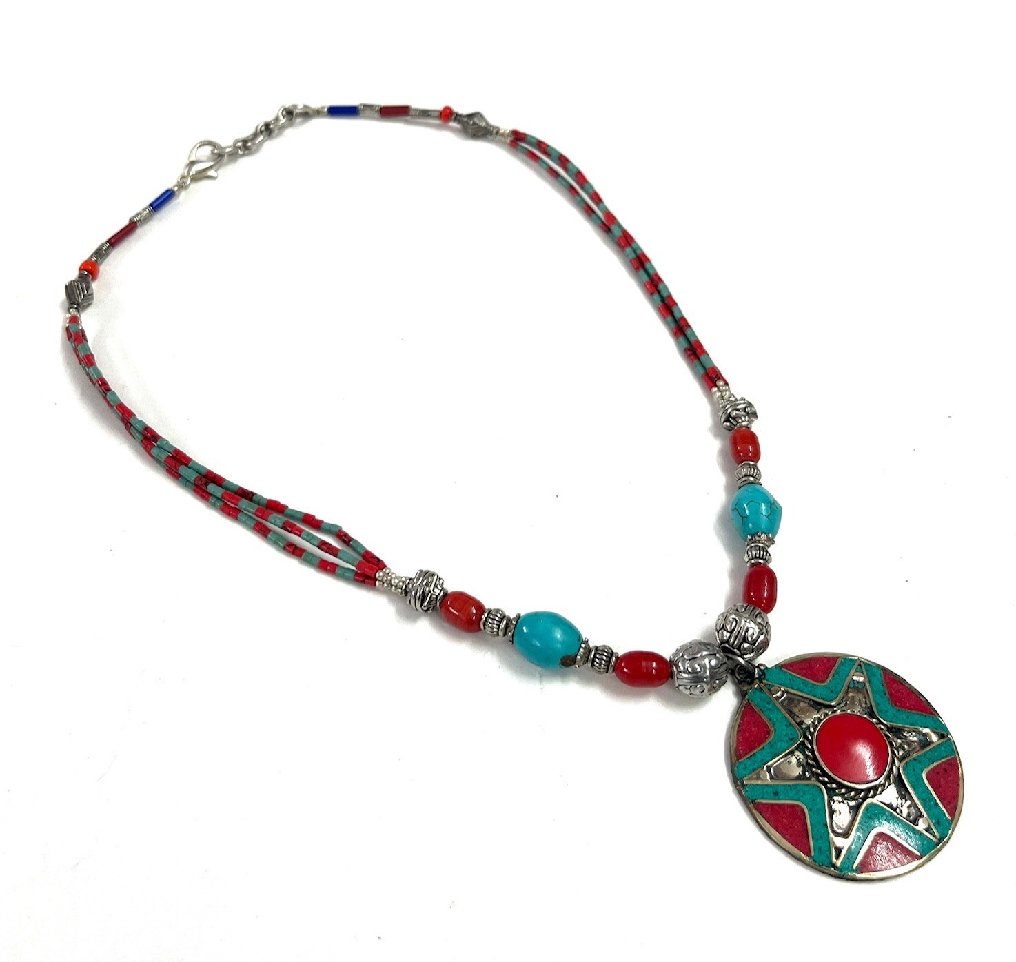 Handcrafted Red Coral Turquoise Gemstone Tibetan Necklace Jewelry, 17 Inch Adjs