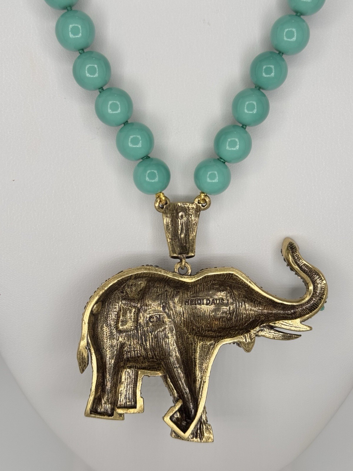 Signed Heidi Daus Turquoise Bead Necklace with Pavé Swarovski Crystal Elephant