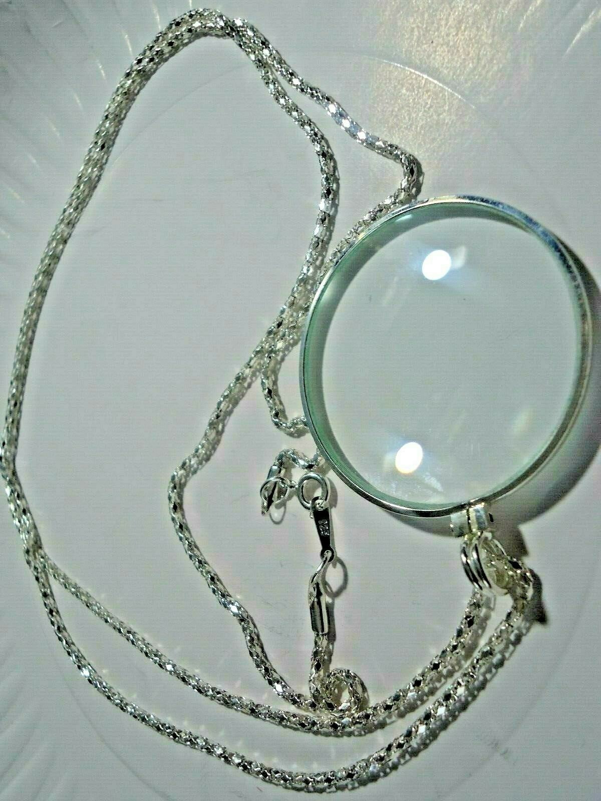 5X Magnifier Reading Magnifying Glass Lens Pendant Necklace 36” silver plated..