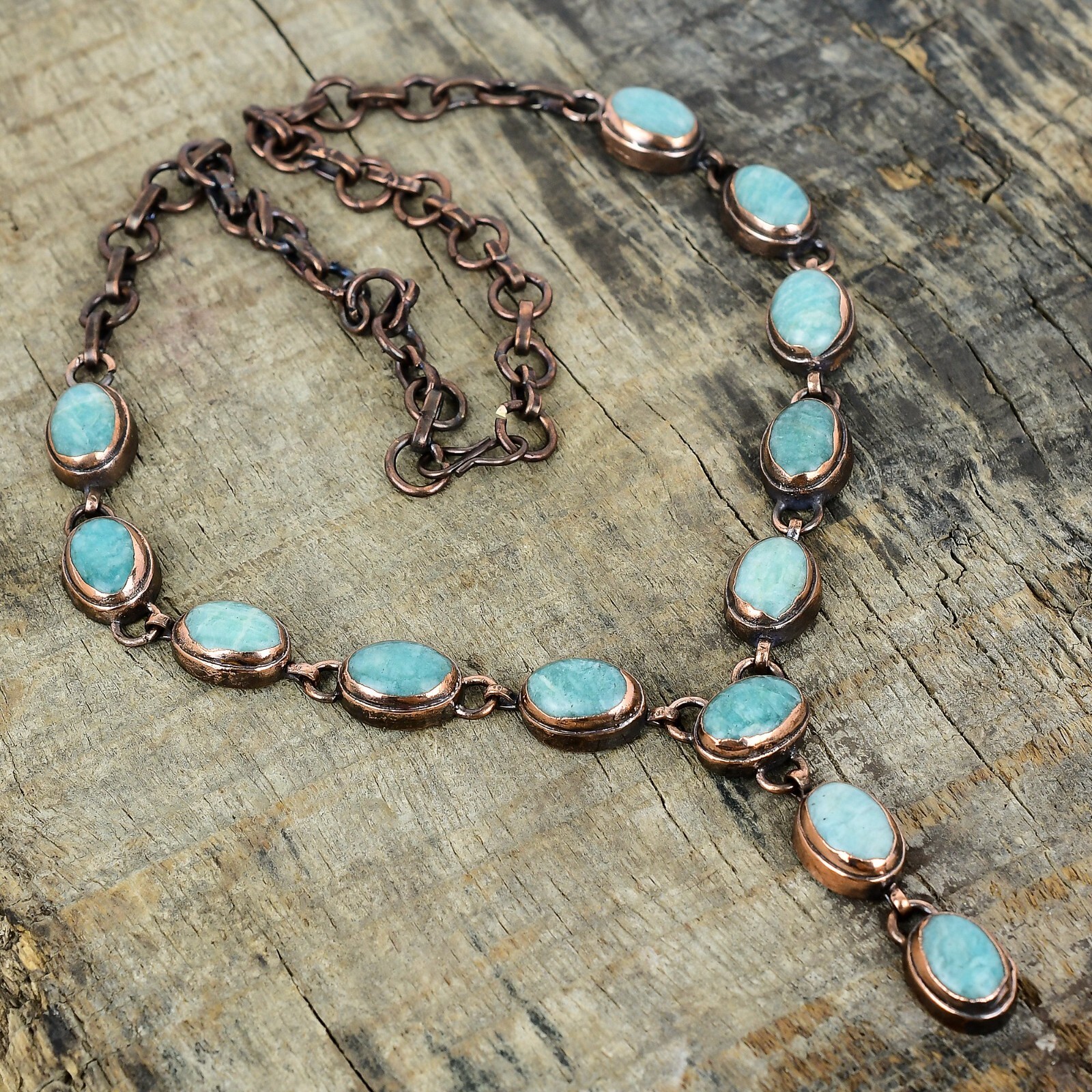Valentines Deal Copper Amazonite Gemstone Chain Electroformed Necklace Jewelry