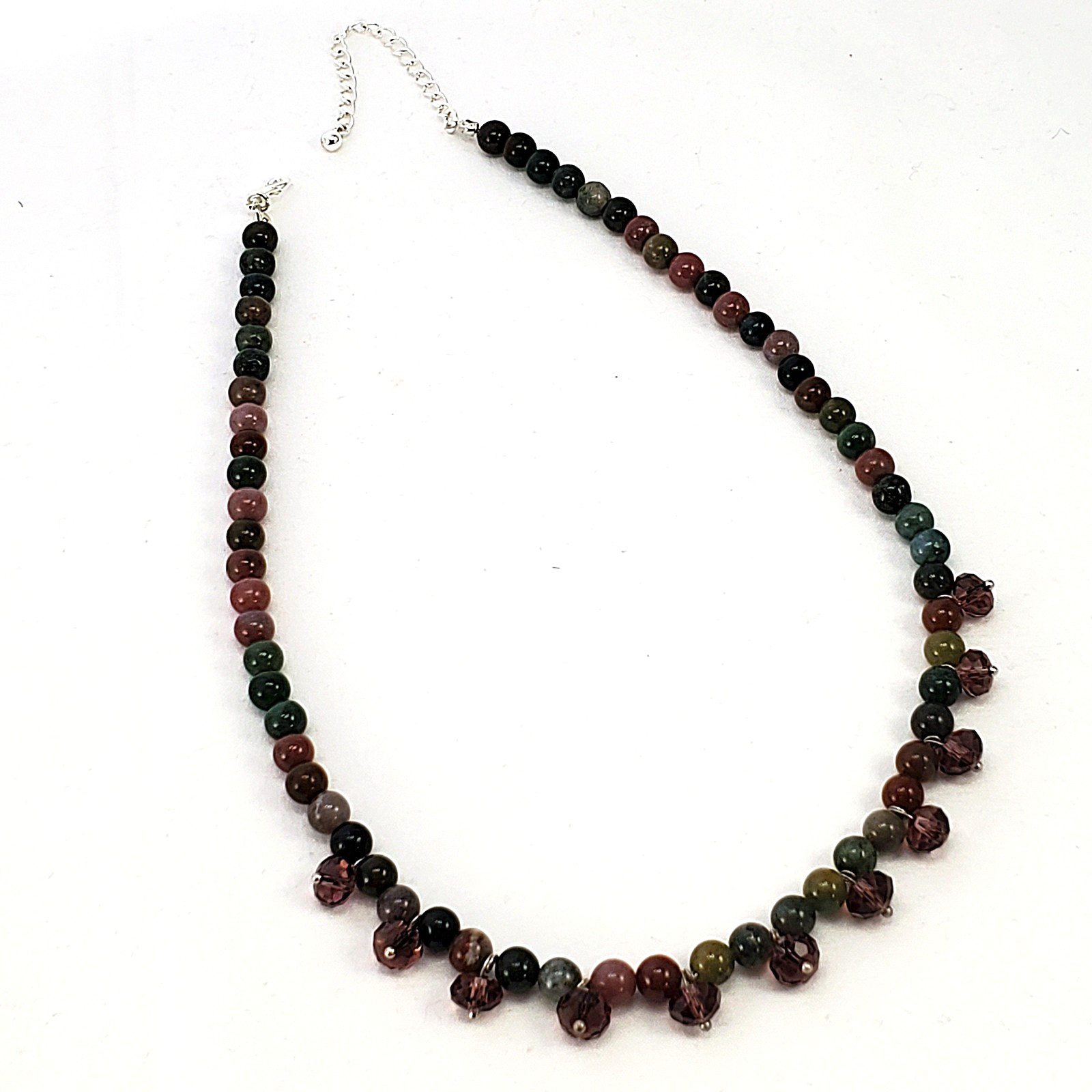 Semiprecious STONE and Dangly Glass Bead Necklace Silver Tone 18″ to 20.5″