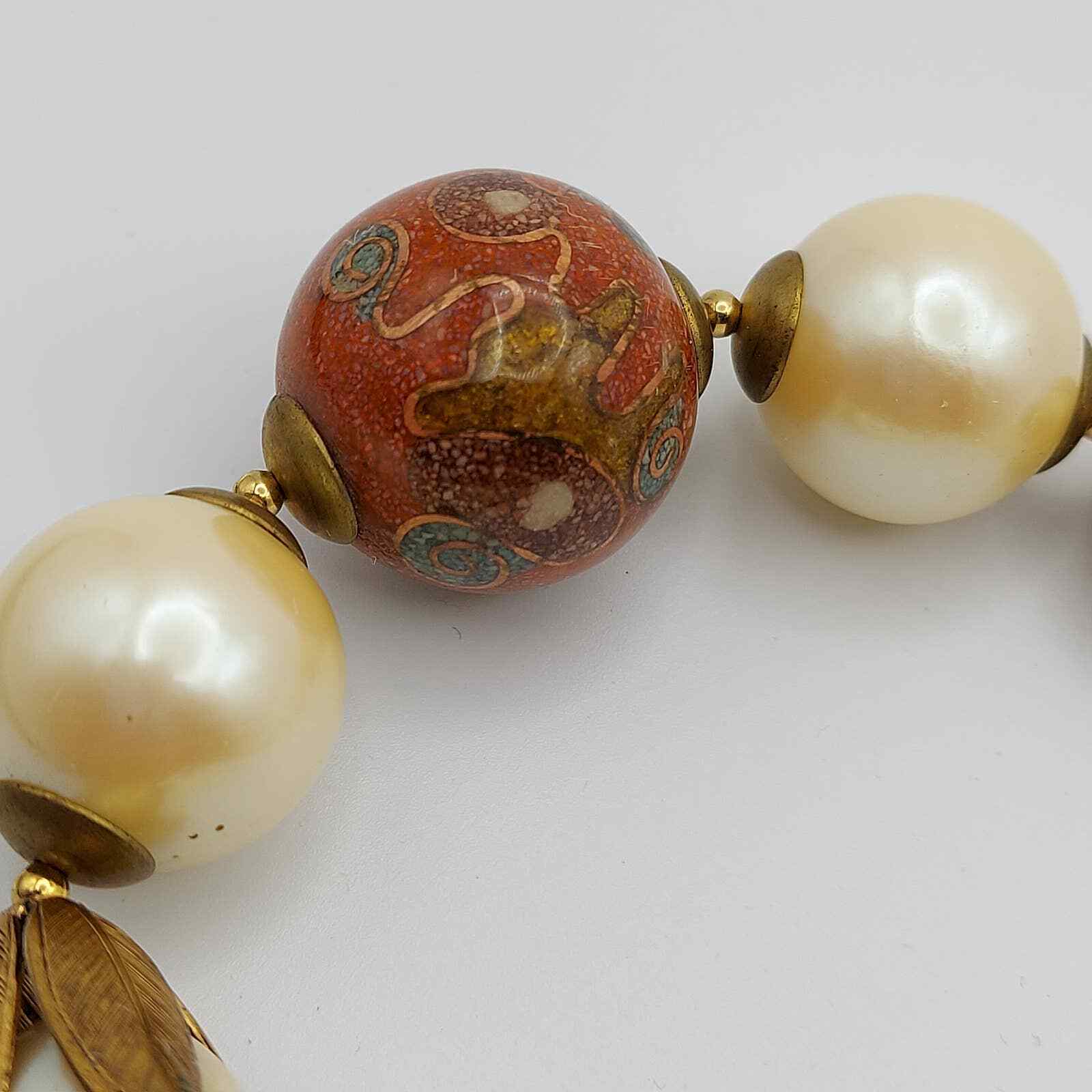 Chunky Egg Shape Faux Pearl 18″ Necklace Large Red Venetian Style Center Bead