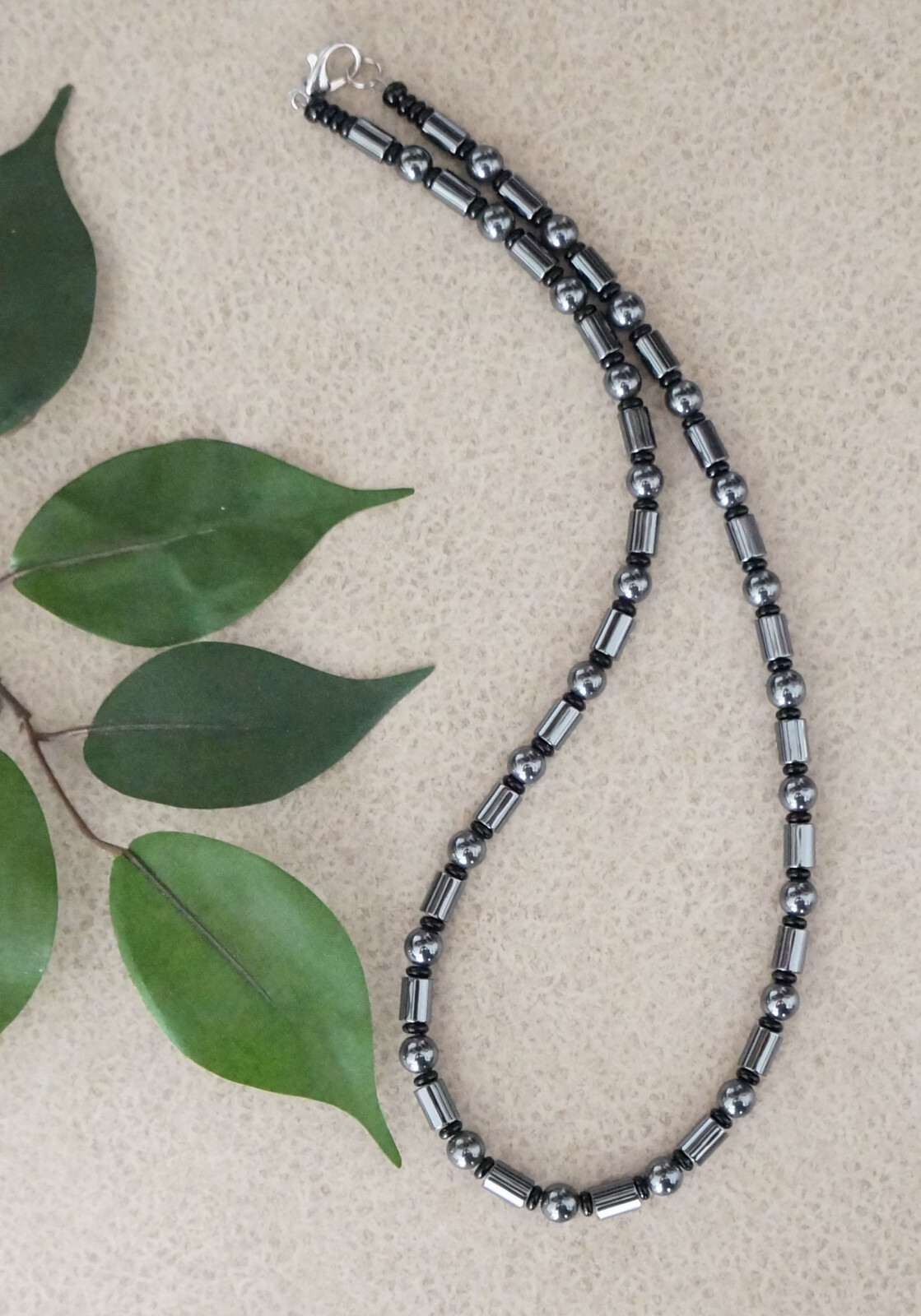 Unisex Grey Hematite Tube and Black Glass Beaded Necklace, 18 inch