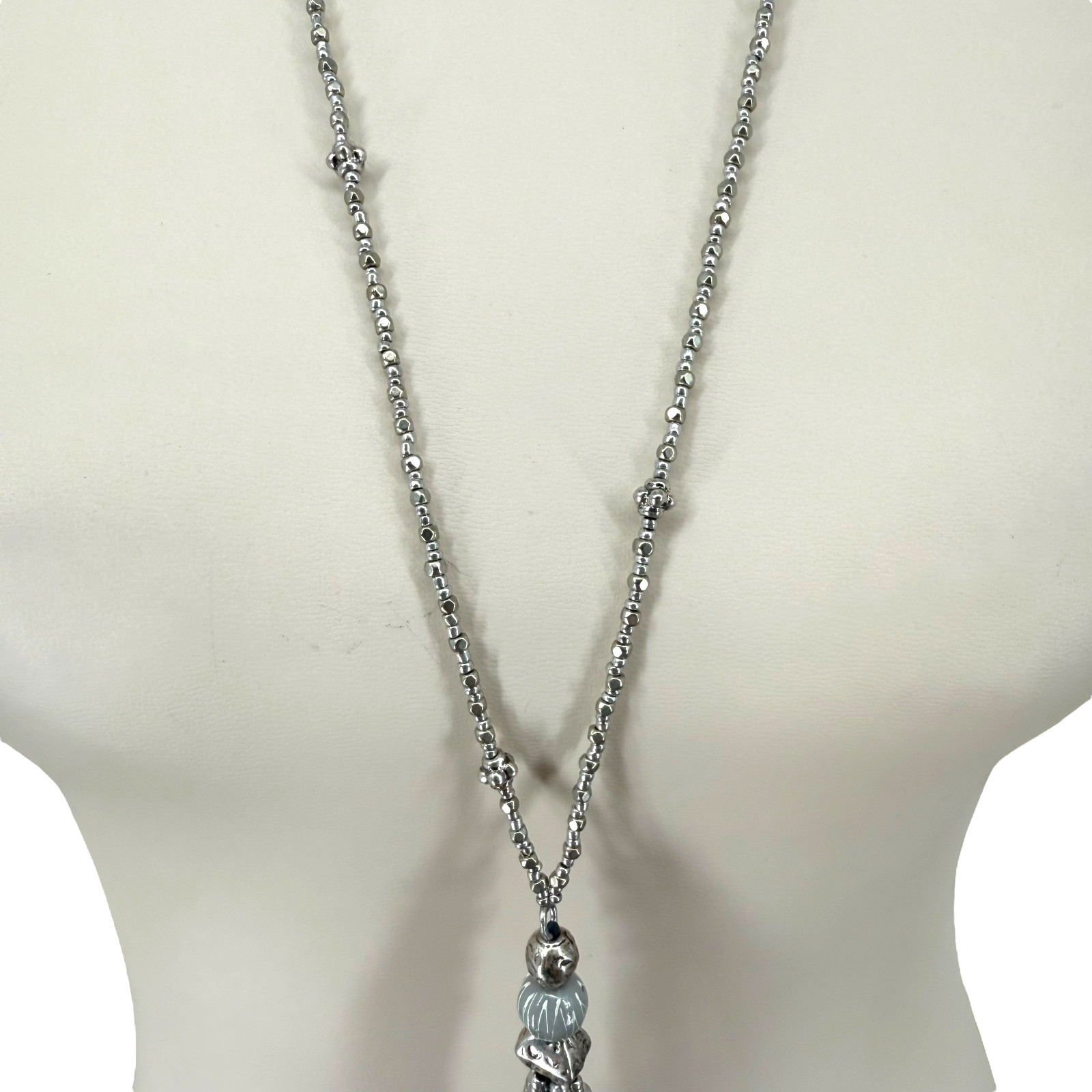 J Jill Tassel Necklace Silver Tone Beaded Blue Pendant Boho Long 32″ Coastal NWT