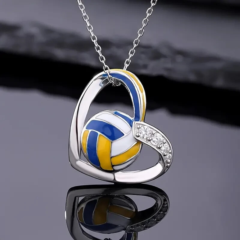 Collar con colgante de corazón de voleibol de plata, cadena ajustable