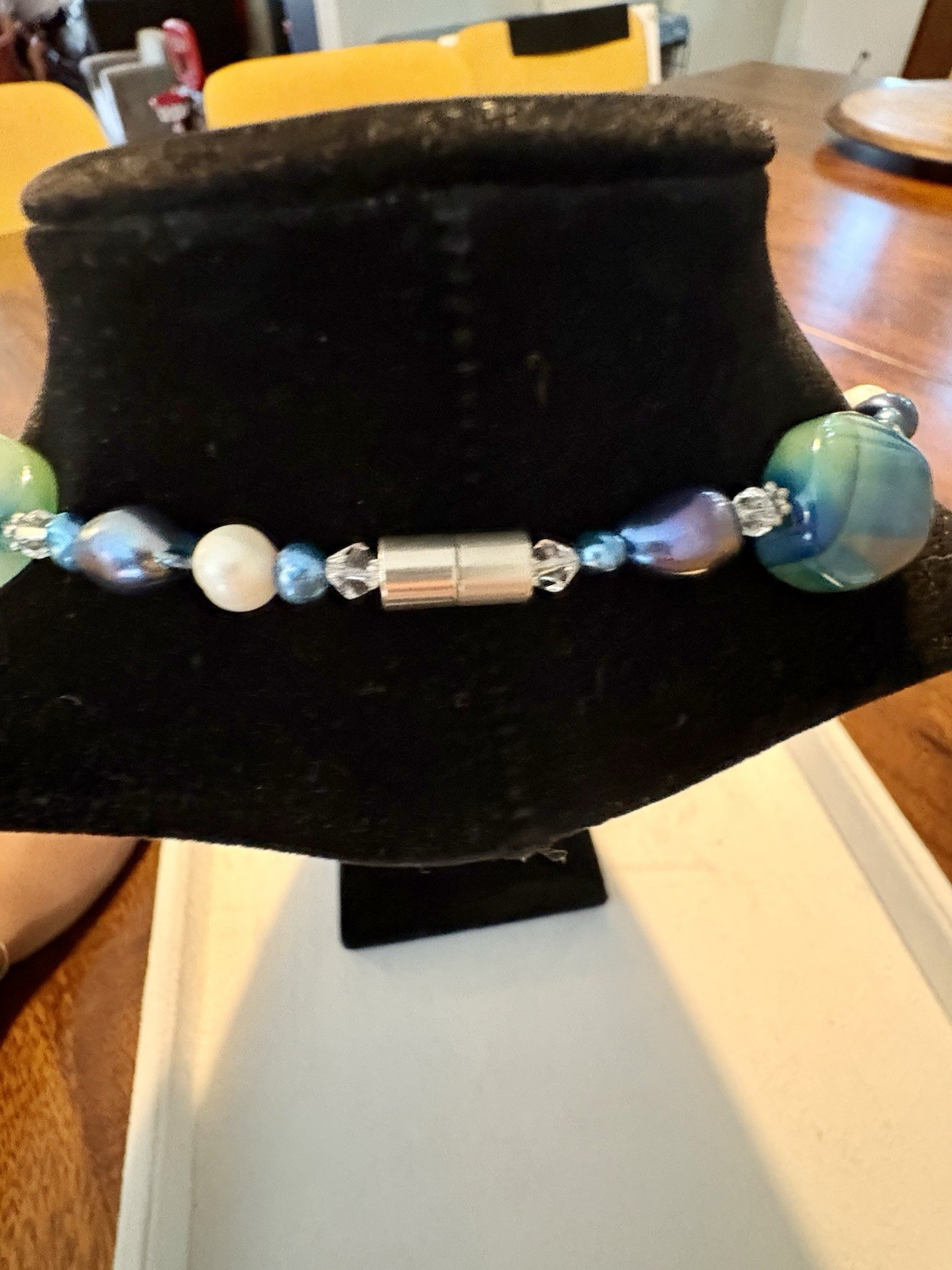 Blue Agate Oval Beaded Necklace w/ Glass Accent Ball Chain magnetic clasp