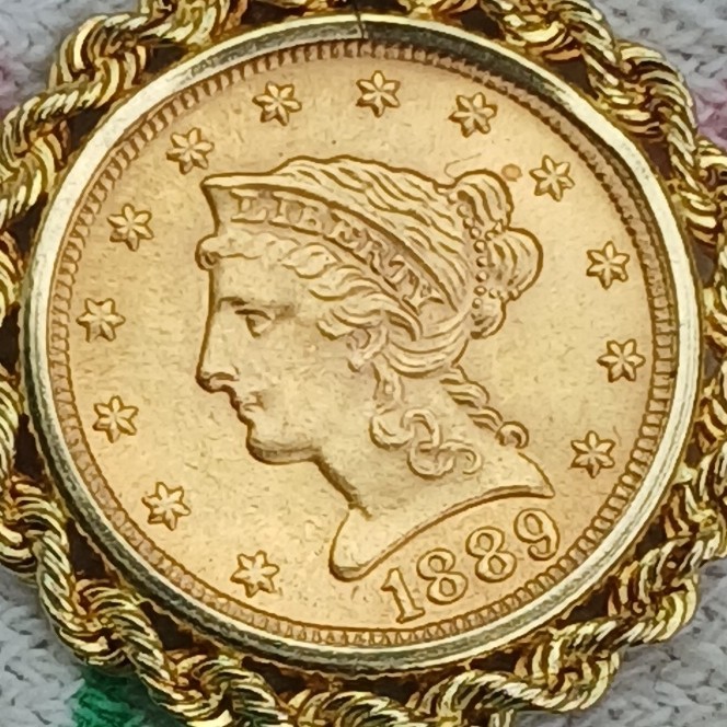10K Yellow Gold Neckless & 99.9 Gold 1889 Liberty Head $2.50 Eagle Coin Pendant,