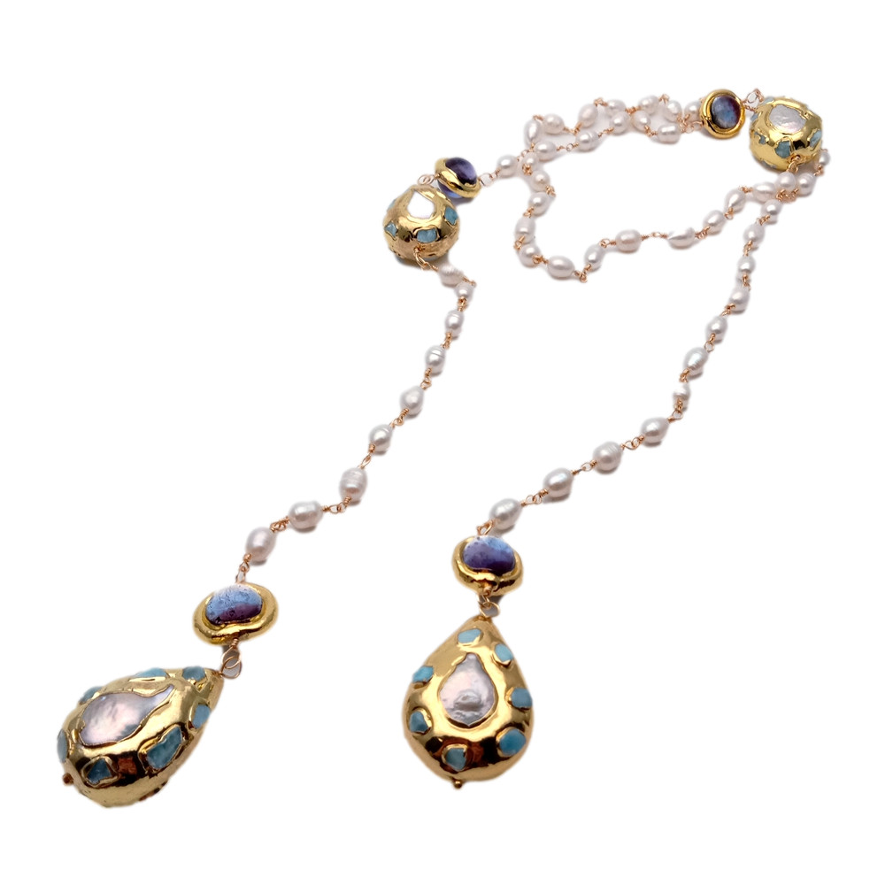 40″ Cultured Rice Pearl Larimar Purple Murano Glass Long Rosary Chain Necklace