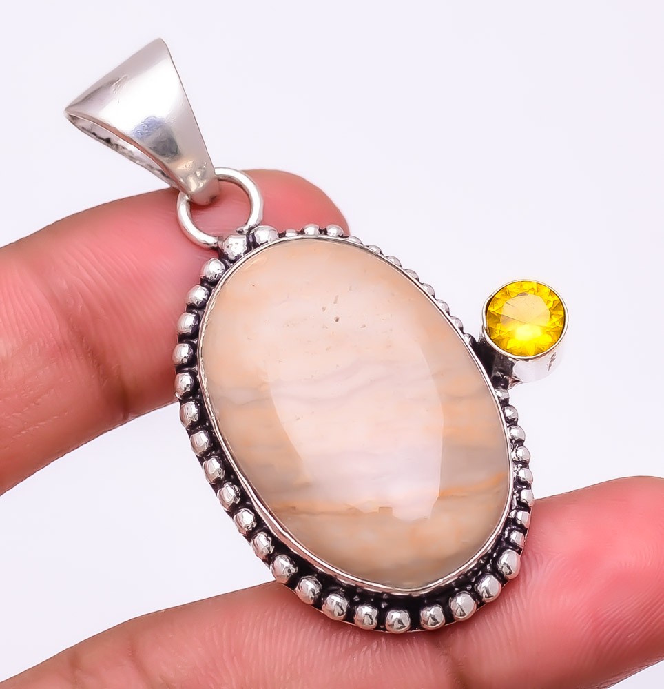 Natural Wave Jasper & Citrine 925 Silver Plated Jewelry Pendant 2.0″ F2562