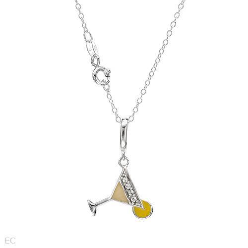 Martini /Margarita Glass Necklace With Cubic Zirconia in 925 Sterling Silver 18″