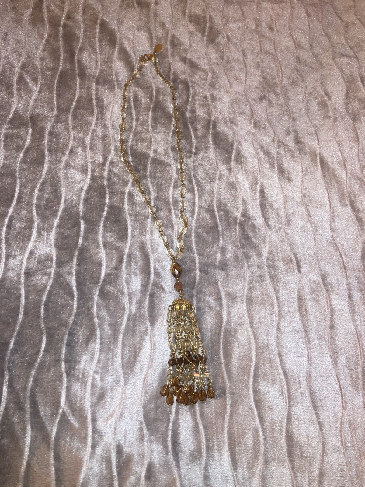 Gold Tone Beaded Chain Necklace Clear Crystal Tassel Fringe Pendant