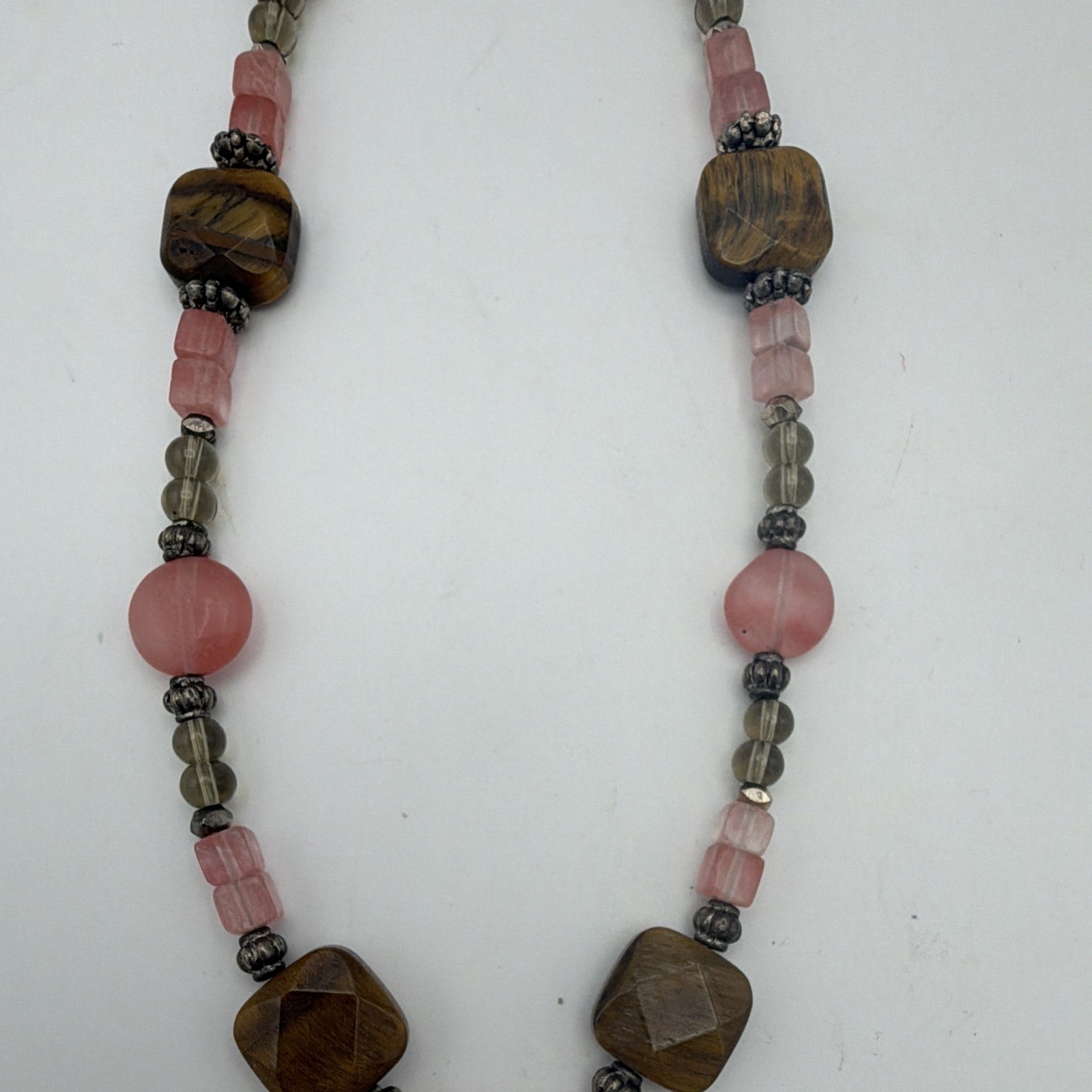 Pink & Brown Stone Beaded Necklace Square Pink Charm Pendant S Hook 20 in