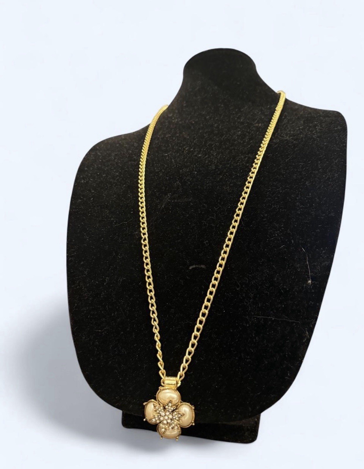 Gold Tone Cable Chain Necklace w/ Flower Charm Pendant & White Rhinestone