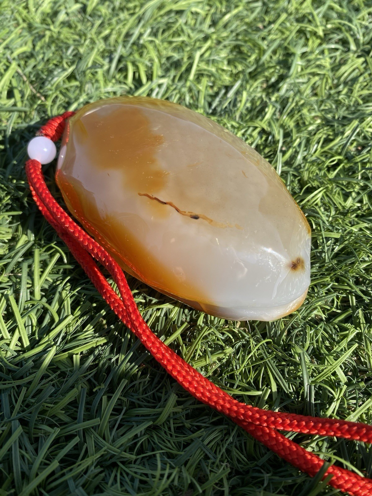 Agate Carved Oval Stone Pendant Necklace w/ Adjustable Red Cord, Brown White