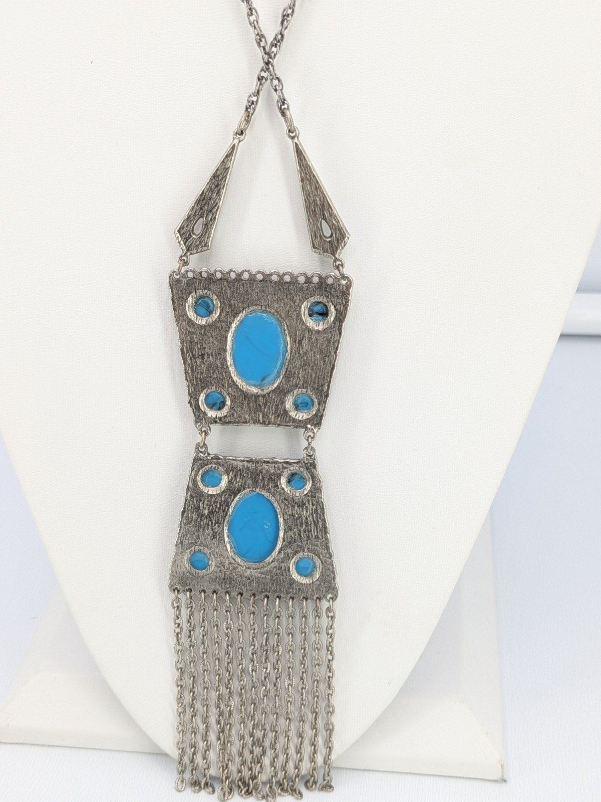 Vintage Fringe Pendant Necklace Faux Turquoise Silver Tone SW Boho 29in Tribal
