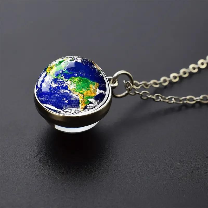 Double Sided Galaxy Planet Glass Ball Pendant Necklace Sun Earth Moon Mars