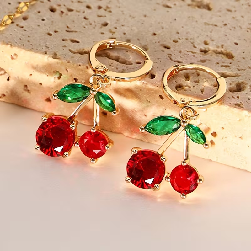 Set of Cute-style Necklace and Earrings Delicate Red Cherry Design