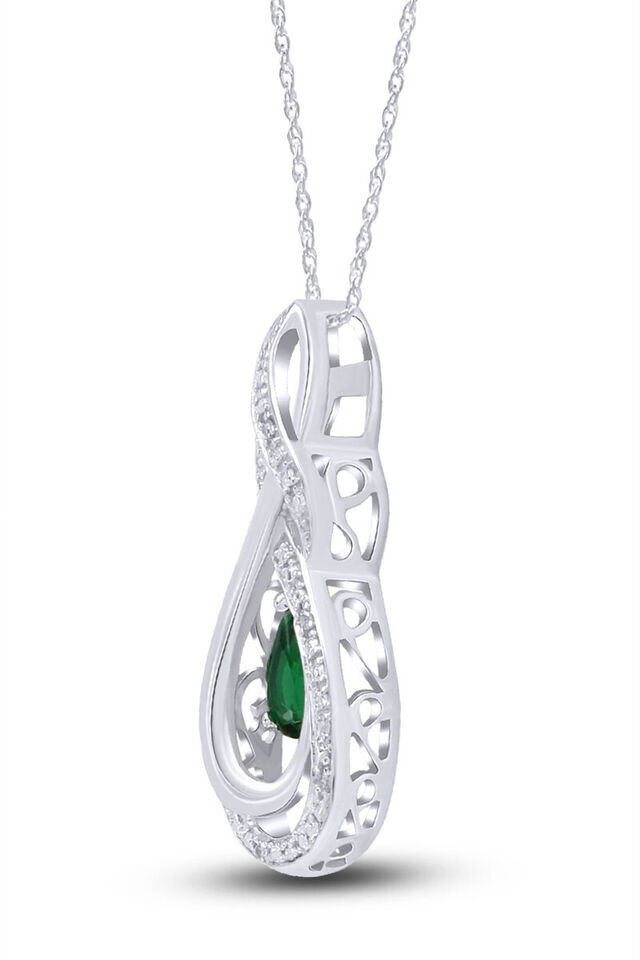 1/4 Ct Natural Diamond & Simulated Emerald Teardrop Pendant Necklace 925 Silver