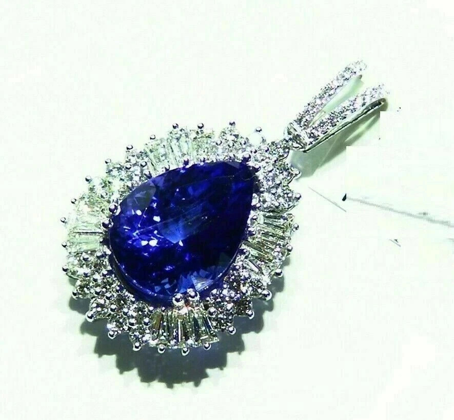Teardrop Pendant Chain 3CT Pear Cut Blue Tanzanite Simulated 14K White Gold Over