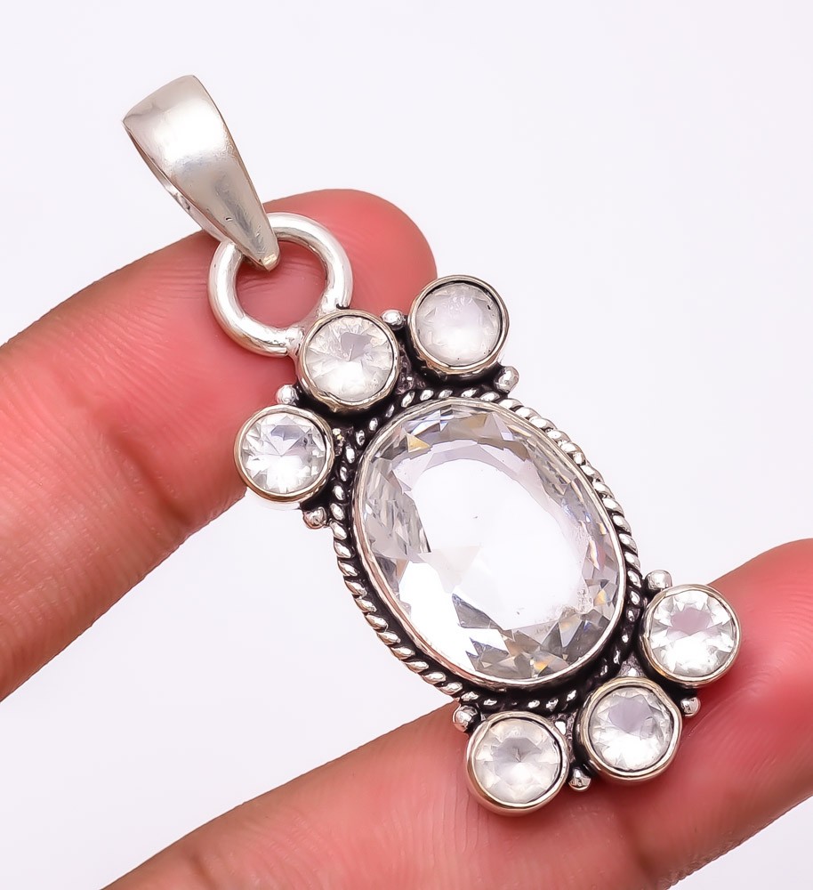 White Topaz Gemstone 925 Silver Plated Jewelry Pendant 2.1″ F2627