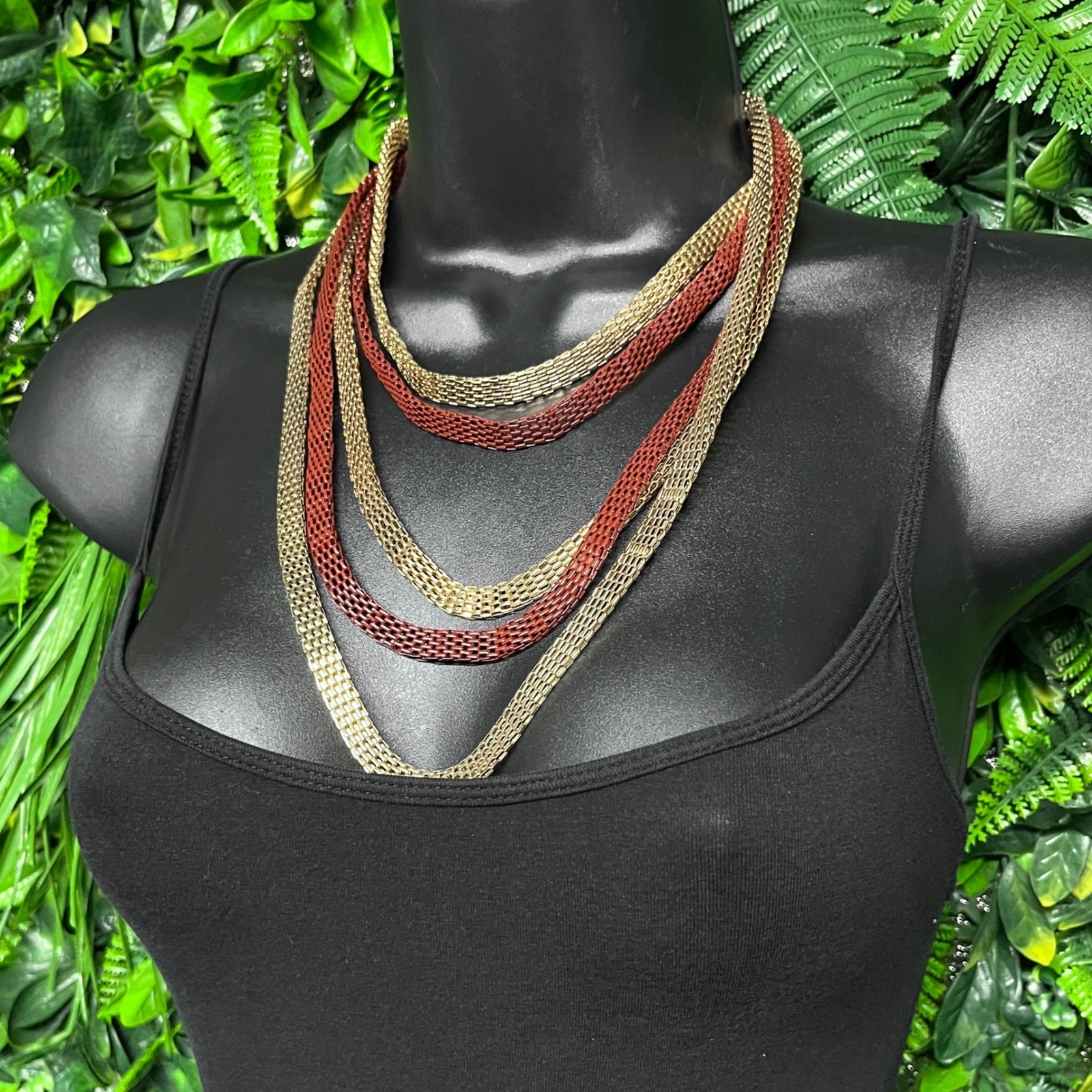 Multi Strand Statement Necklace Gold and Terracotta Red Mesh Chain Tiered 3817