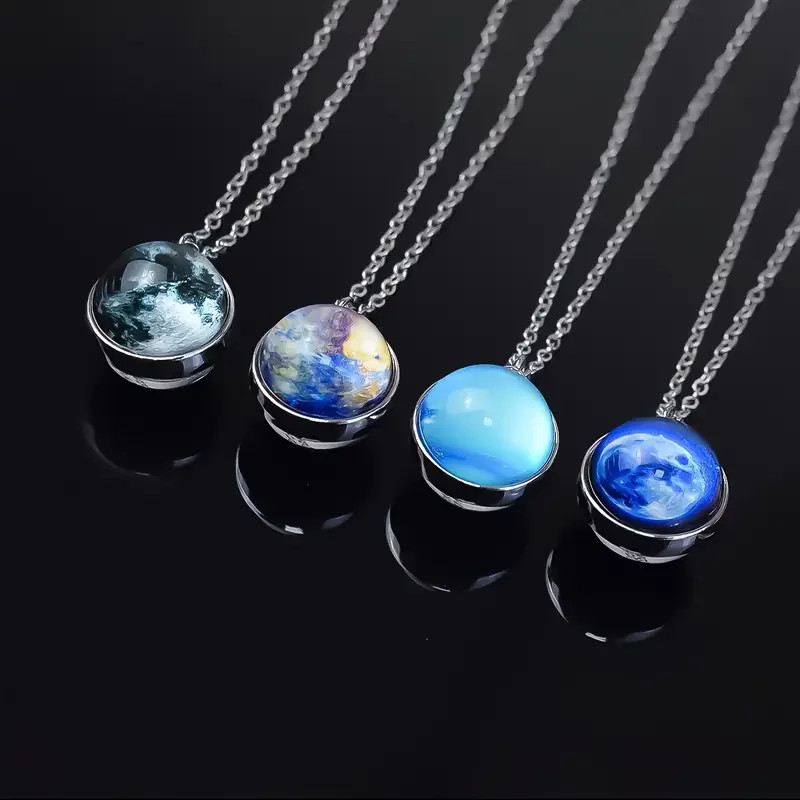 Double Sided Galaxy Planet Glass Ball Pendant Necklace Sun Earth Moon Mars