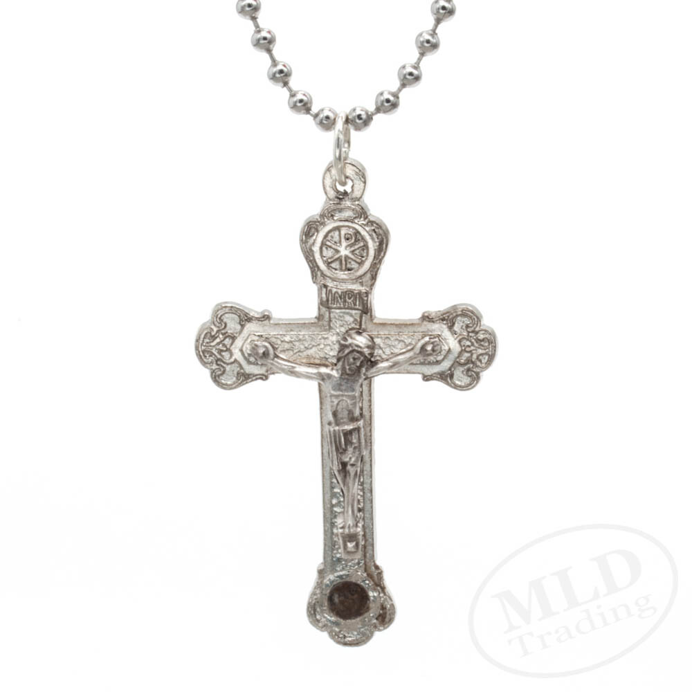 Relic Crucifix Pendant Necklace w Roman Catacombs Dirt Silver Plate Cross Italy
