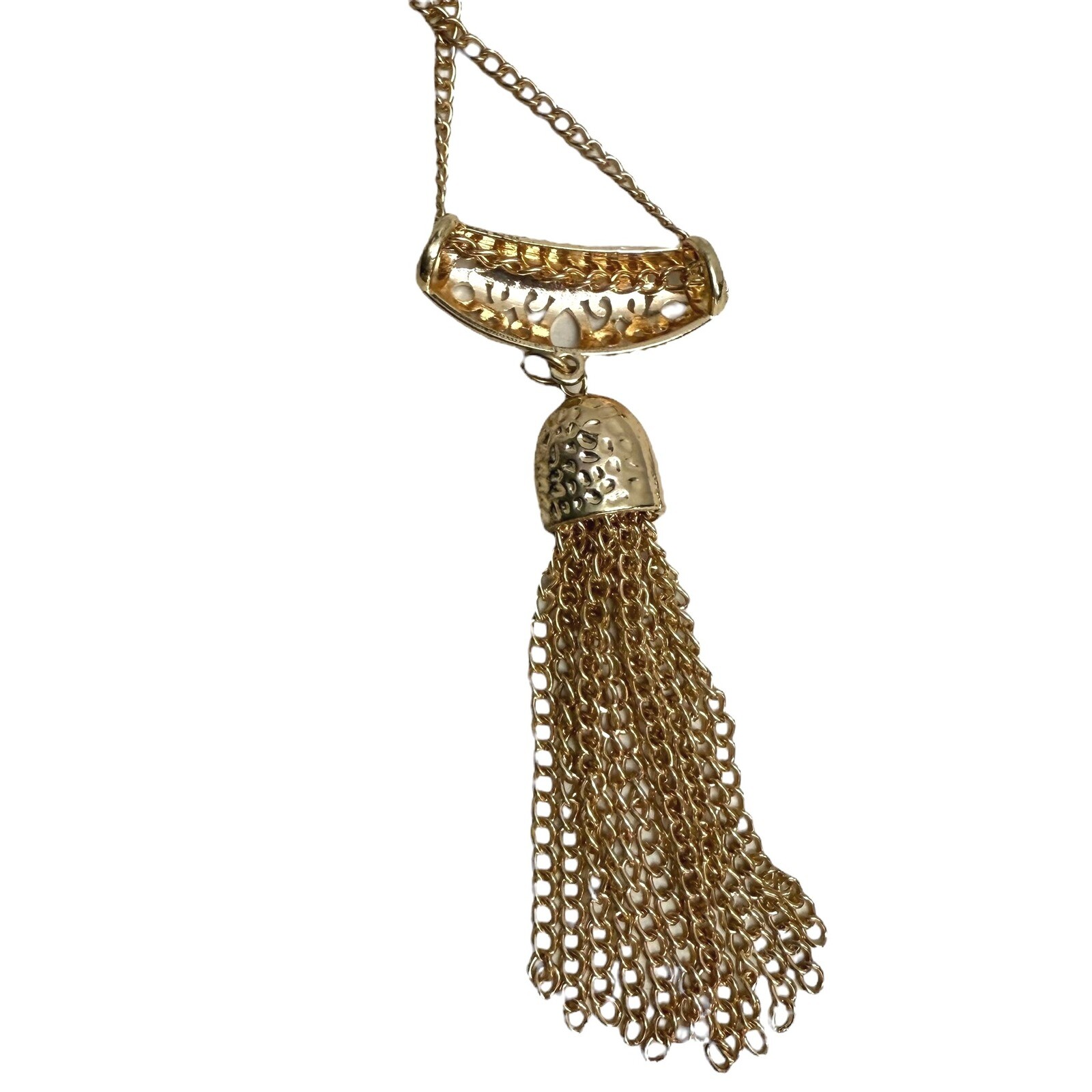 Gold Tone Fringe Tassel Pendant Necklace Chain Statement Fashion Jewelry 15 in L