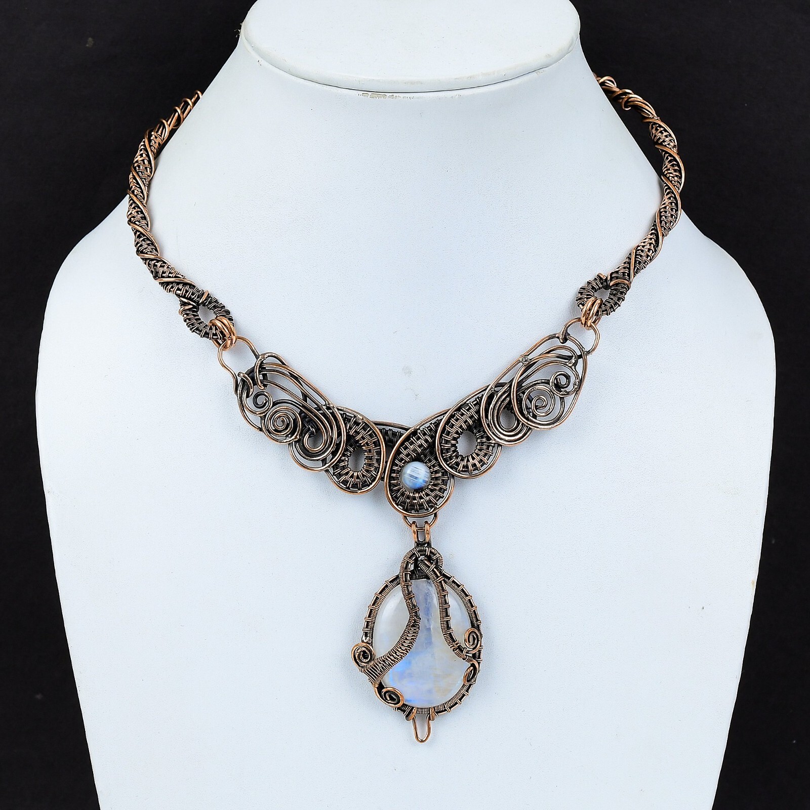 Rainbow Moonstone Jewelry Copper Love Gift Wire Wrapped Chain Necklace 18.0″