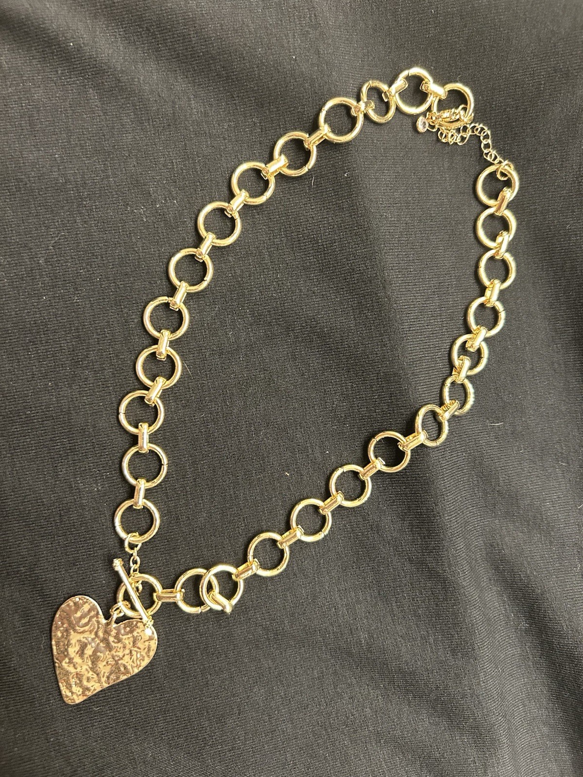 Gold Oval Link Chain Necklace Heart Charm Pendant, Lobster Clasp, Adjustable