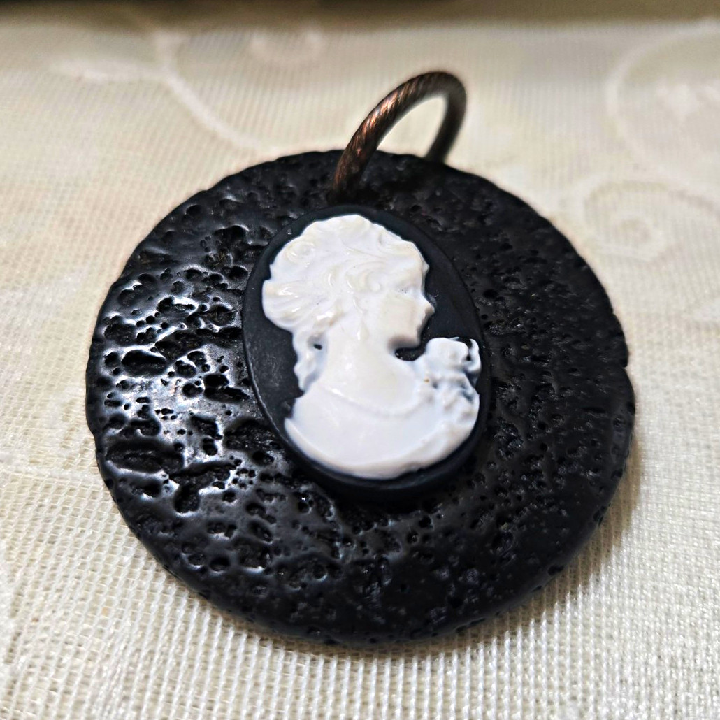Vintage French Black & White Cameo Round Pendant with Oval Profile, Lava Stone