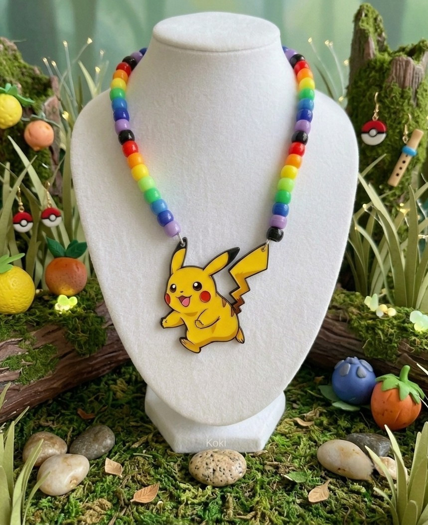 Multicolor Plastic Beaded Necklace Pikachu Charm Pendant Anime Cartoon Rave Plur