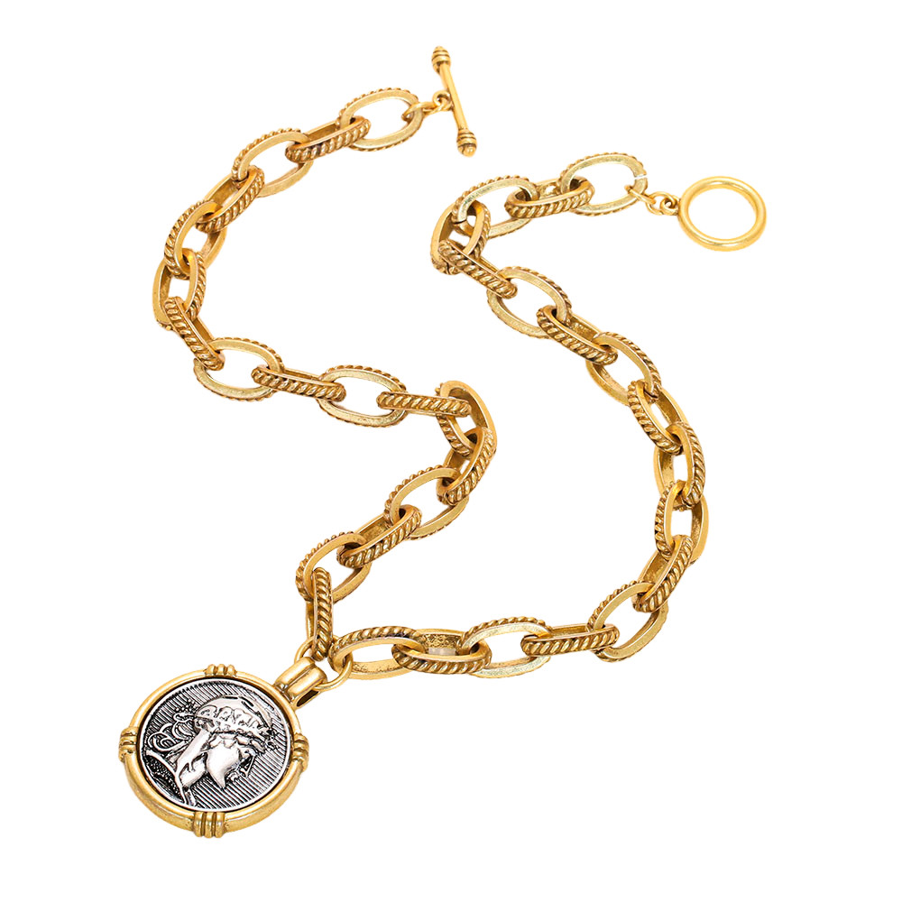 Two-Tone Gold Silver Big Coin Pendant Set Vintage Chunky Link Necklace Earrings