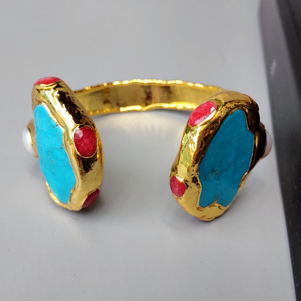 Turquoise Jade White Pearl Bangle Cuff Bracelet For Women Fashion Jewelry