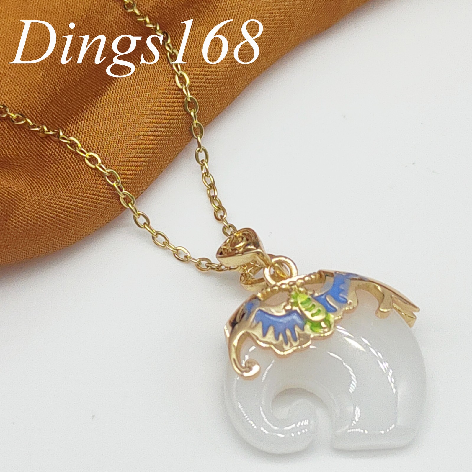 18K Yellow Gold Filled 18*19mm White Jade Elephant Pendant+ Cable Chain Necklace