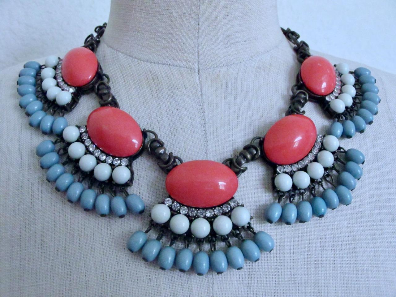 J. Crew Statement Fan Fringe Necklace Blue Coral Orange Beads Rhinestones