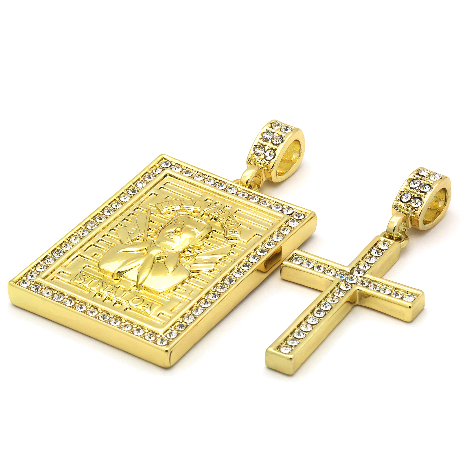 Gold Plated St.Steel Chain 24″/30″ Malverde & Cross Pendant Cubic Zirconia 56/8