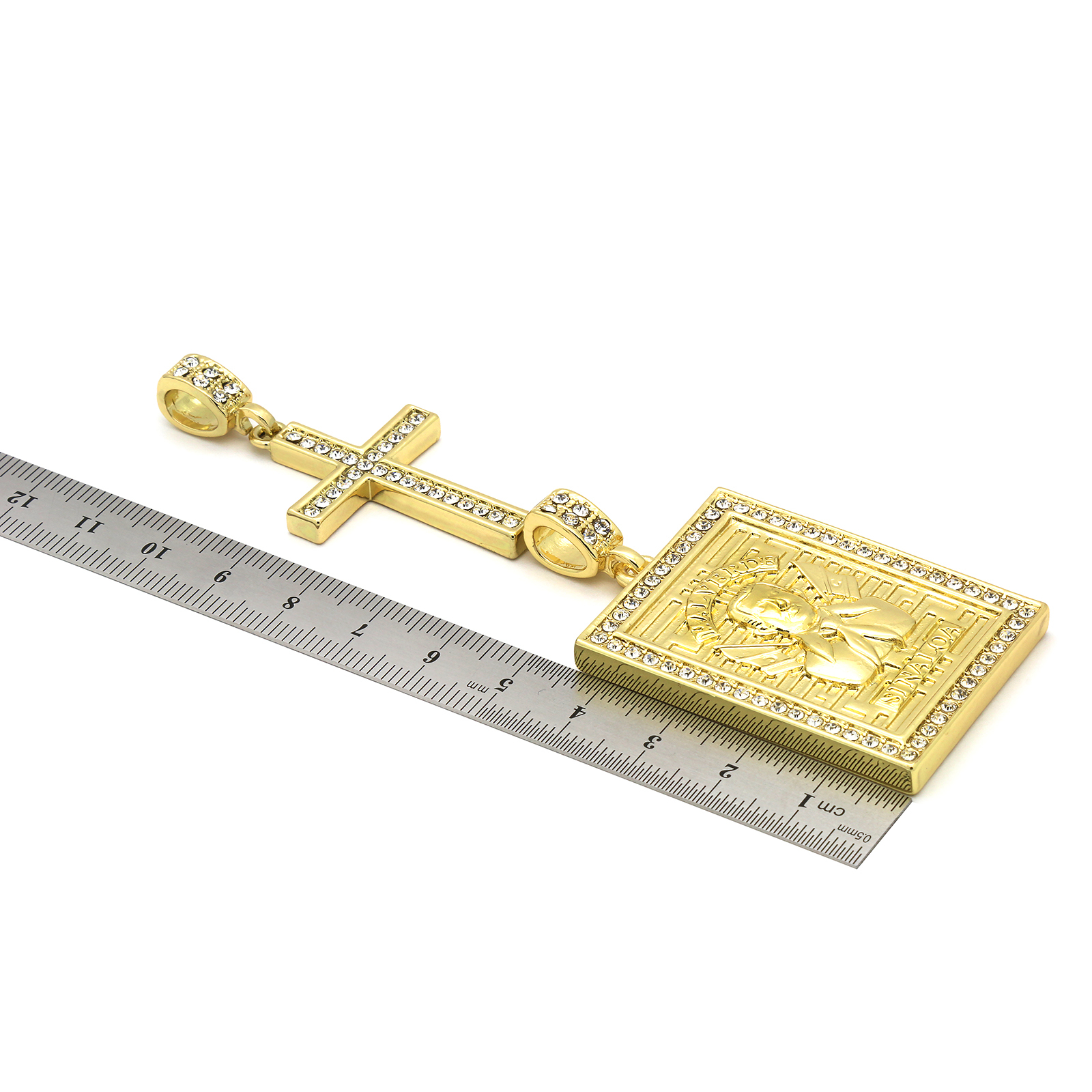 Gold Plated St.Steel Chain 24″/30″ Malverde & Cross Pendant Cubic Zirconia 56/8