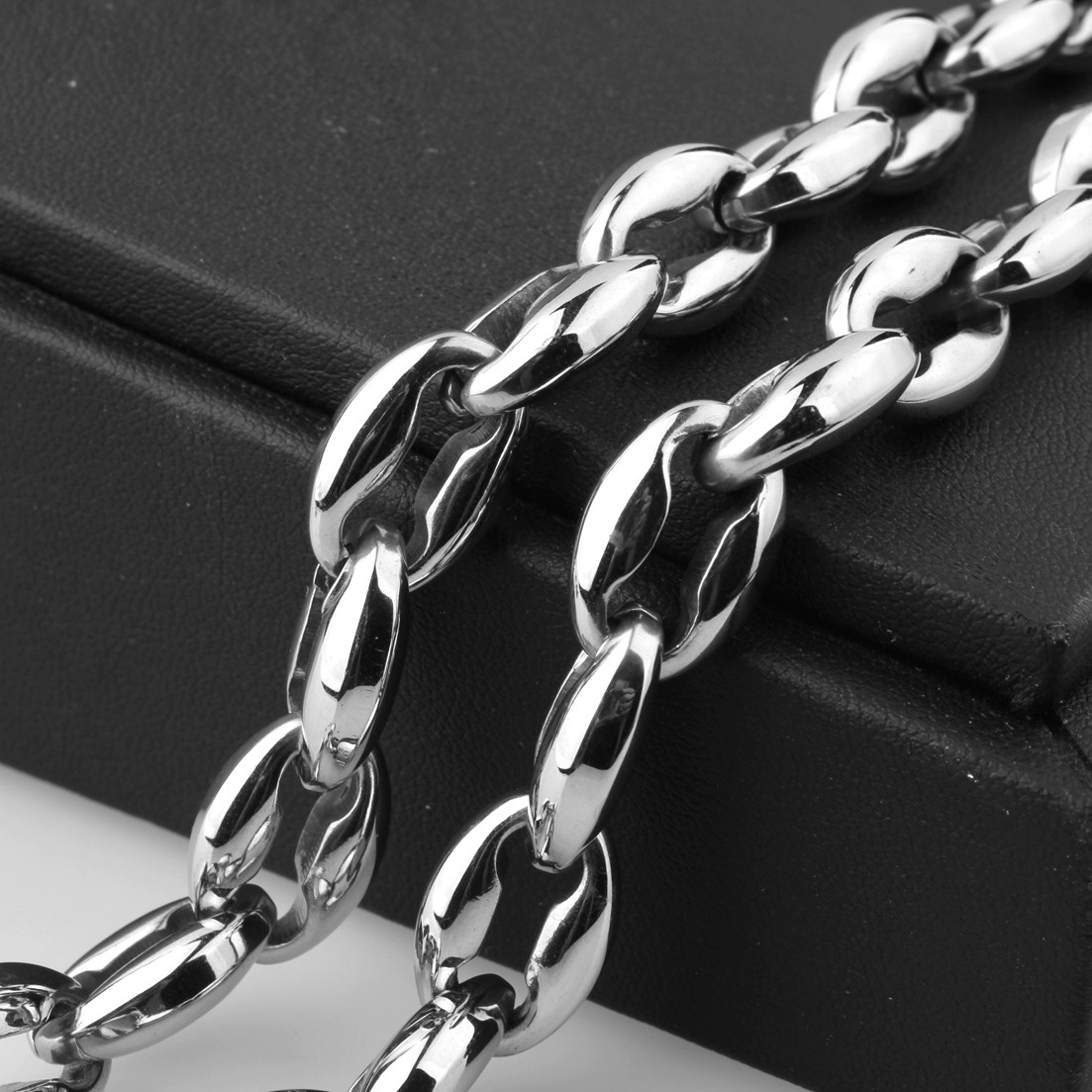 Huge Heavy Stainless Steel Silver Coffee Beans Chain Men Women Necklace 22″*12mm