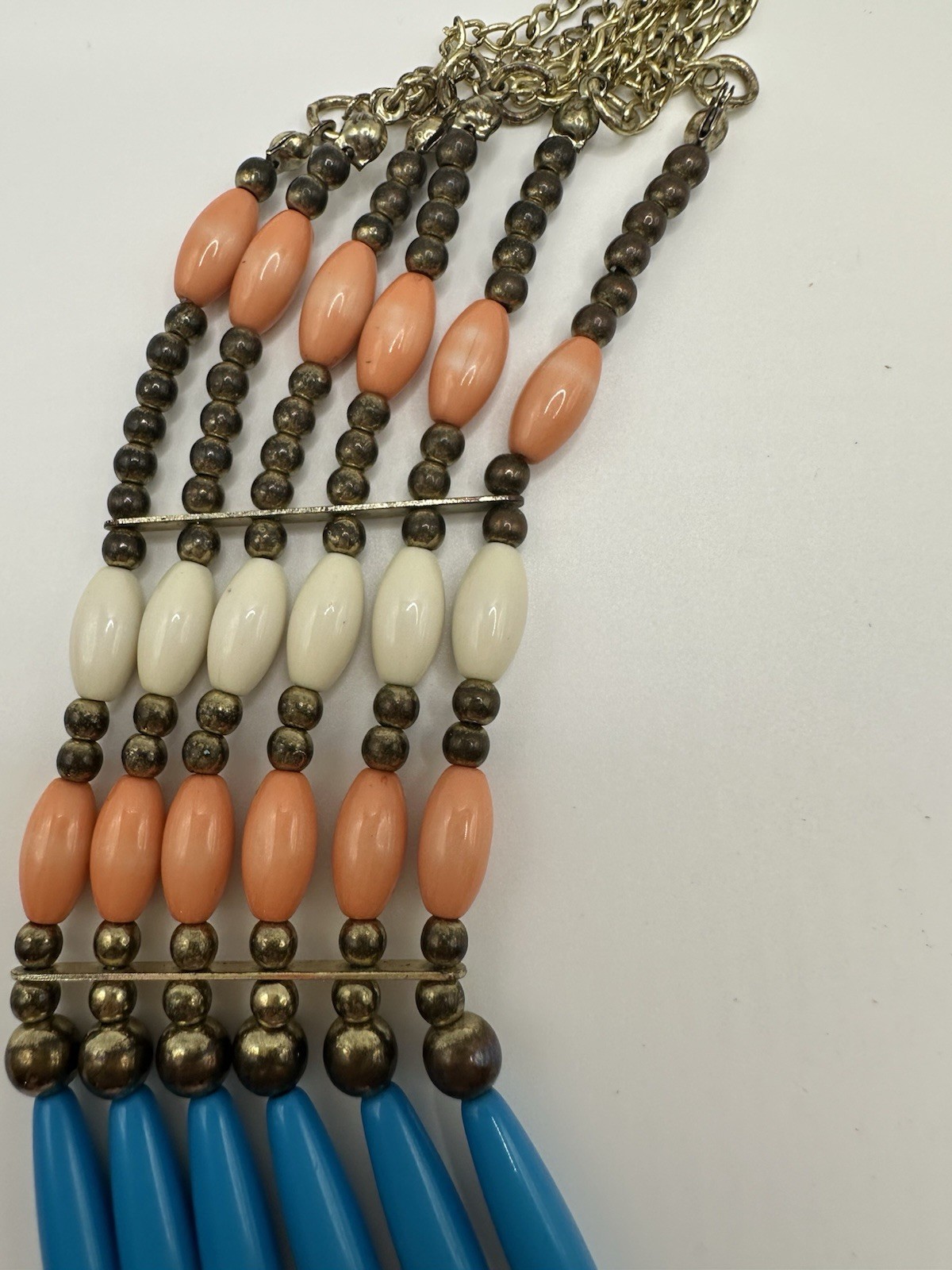 Gold Tone Pink And White Beaded Multi Strand Boho Native Style Necklace 24”
